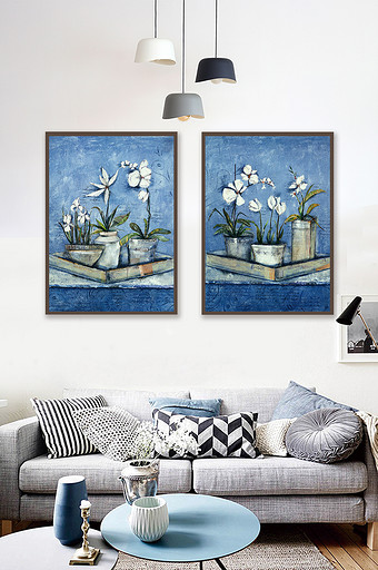 北欧蓝色静物花朵盆栽抽象油画艺术装饰画图片