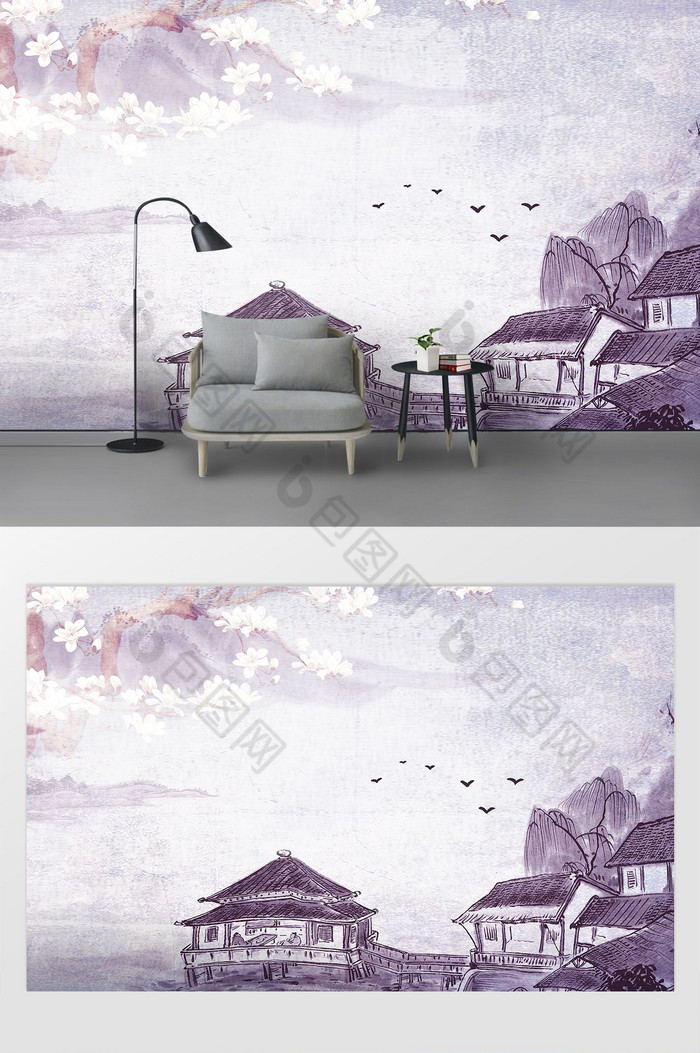 中式壁纸手绘壁纸花鸟装饰画图片
