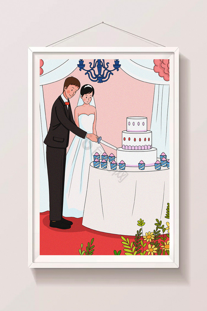 浪漫婚典结婚切蛋糕插画图片