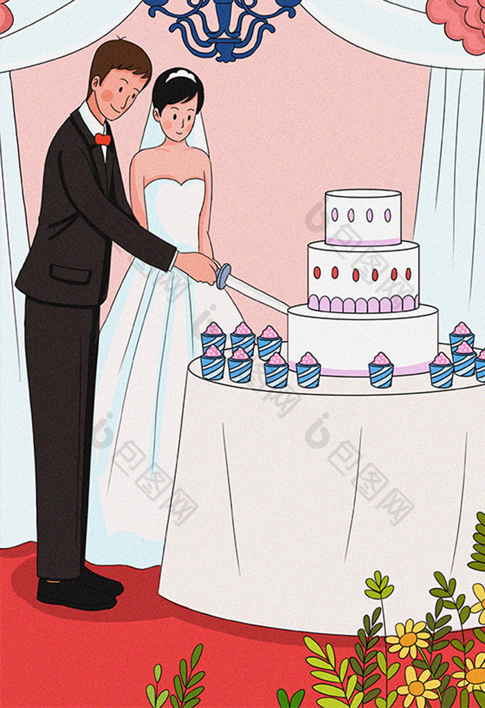 浪漫婚典结婚切蛋糕唯美卡通插画