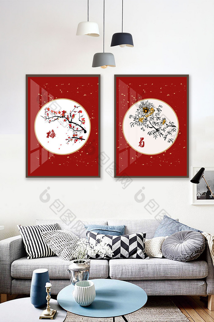 双联红色梅菊风景花卉装饰画图片图片
