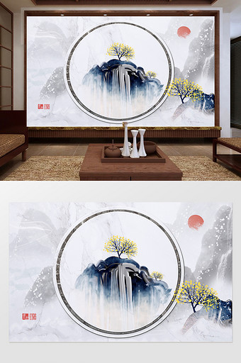 新中式创意山峦小树定制背景墙图片