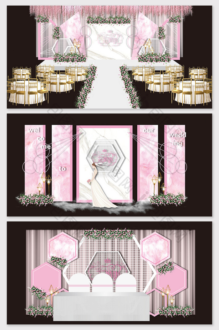 粉色大理石欧式婚礼舞台效果图
