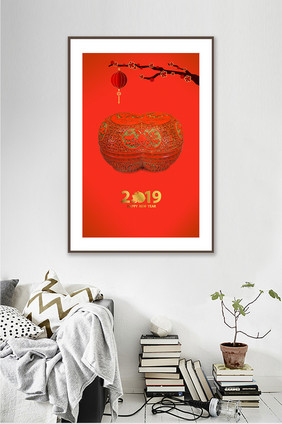 中国风新年红色古玩乾隆宝盒装饰画