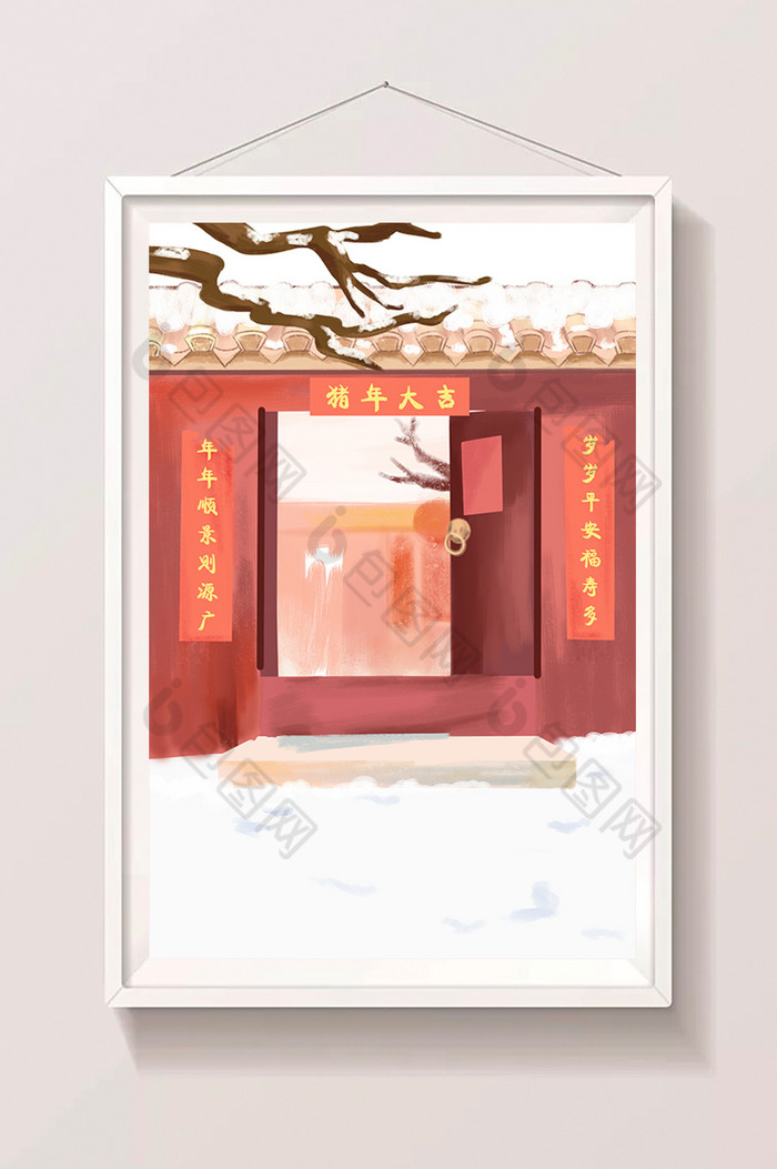 过年时的大门插画图片