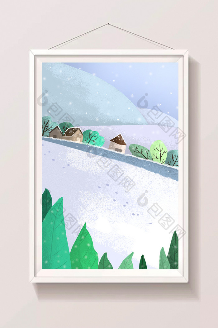 手绘村庄外面的雪地插画背景