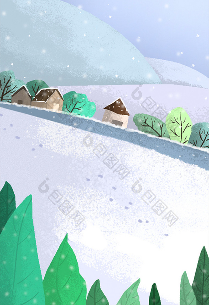 手绘村庄外面的雪地插画背景