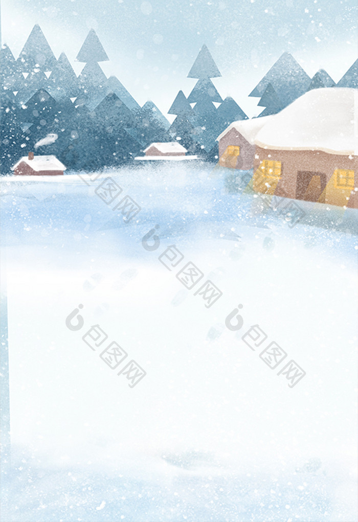 手绘雪后村庄插画背景