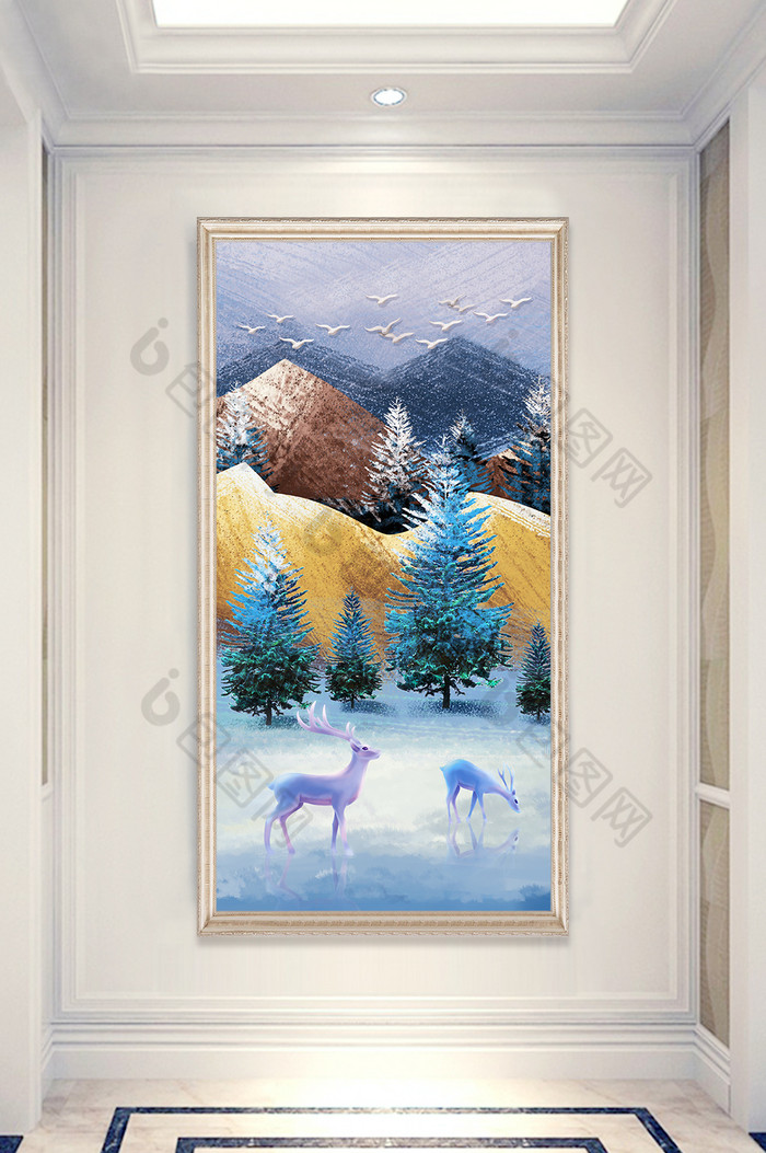 现代山水树林风景麋鹿玄关装饰画图片图片