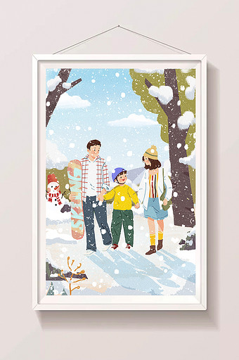 寒假生活旅游滑雪一家人卡通人物扁平插画图片