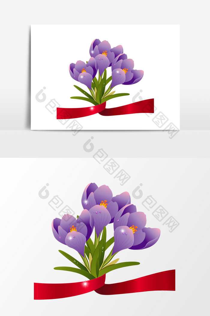 小紫花盛开丝带花卉装饰效果元素
