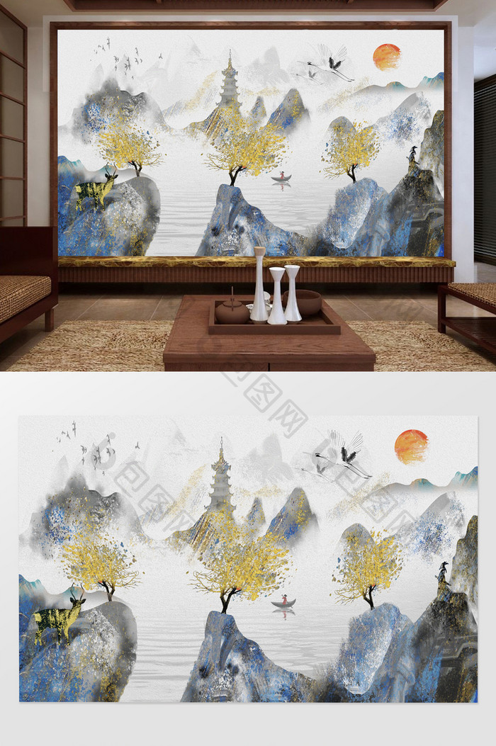 新中式水墨抽象山水画高塔电视背景墙