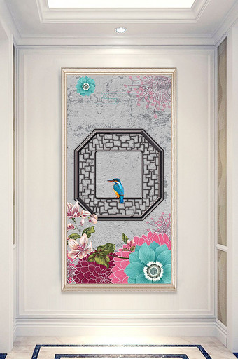 中式唯美传统花卉鸟儿玄关装饰画图片