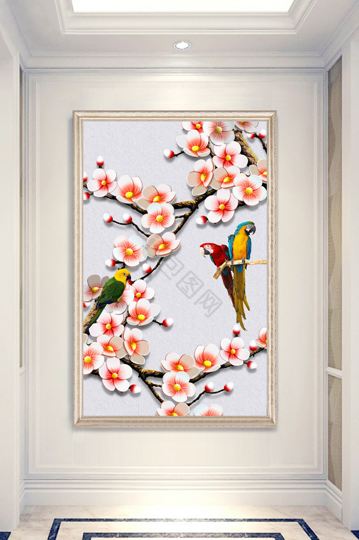 现代唯美浮雕梅花鹦鹉玄关装饰画图片
