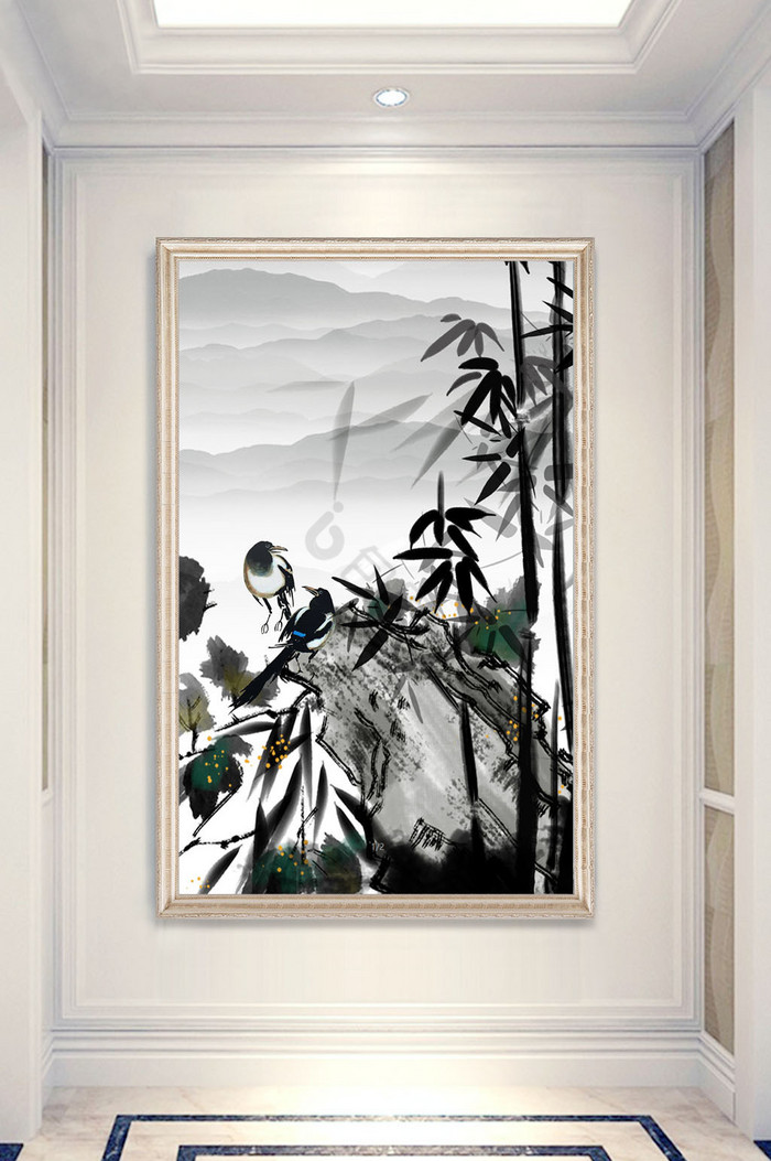 新中式手绘水墨竹子花鸟山水画玄关装饰画图片