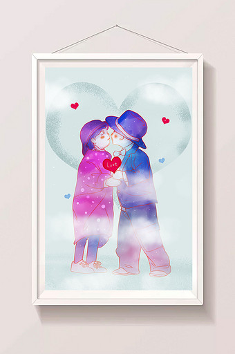 粉色温馨情侣手绘水彩插画图片
