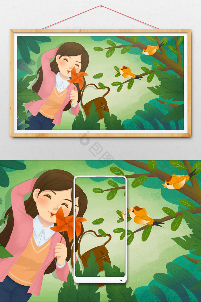 森林女孩玩风车春分插画图片