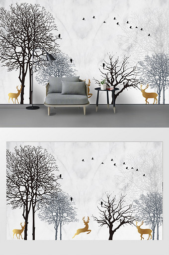 现代简约时尚树林金色麋鹿鸟群灰色背景墙图片