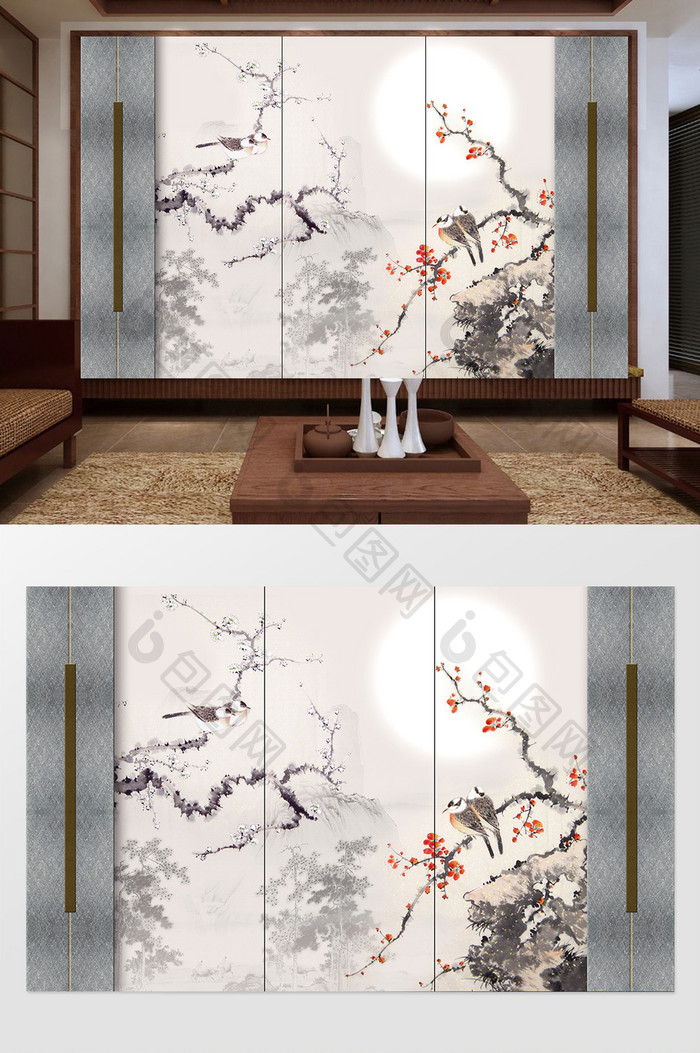 新中式梅花工笔花鸟背景墙装饰画