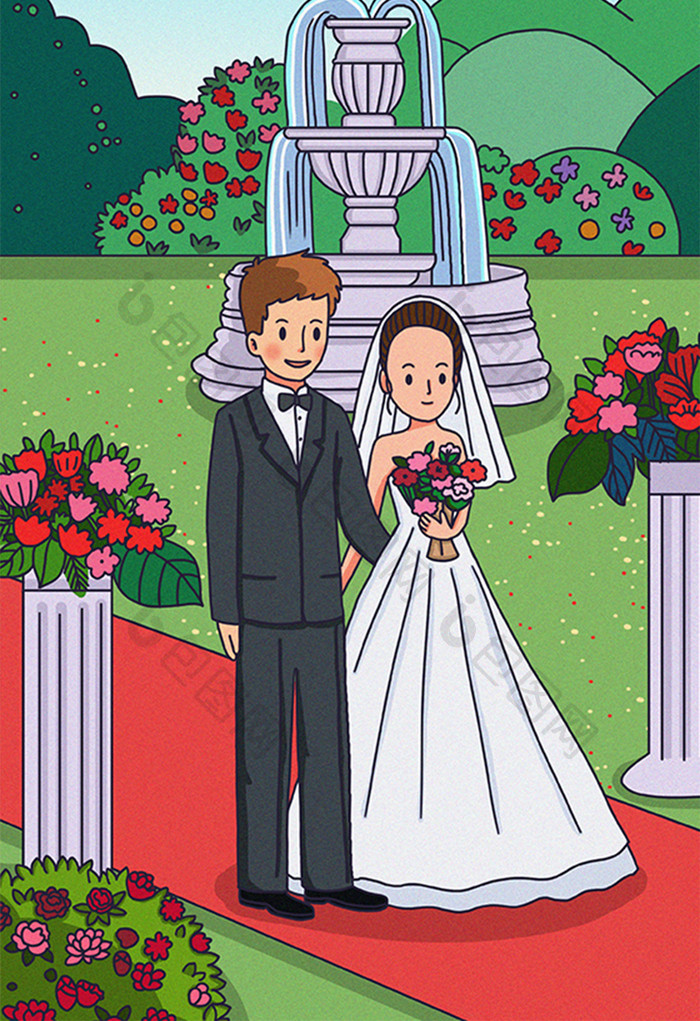 浪美婚典情侣结婚卡通插画
