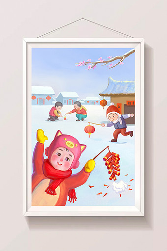 春节放鞭炮雪地插画图片