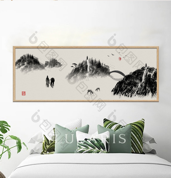 中式水墨山水横式风景古风装饰画
