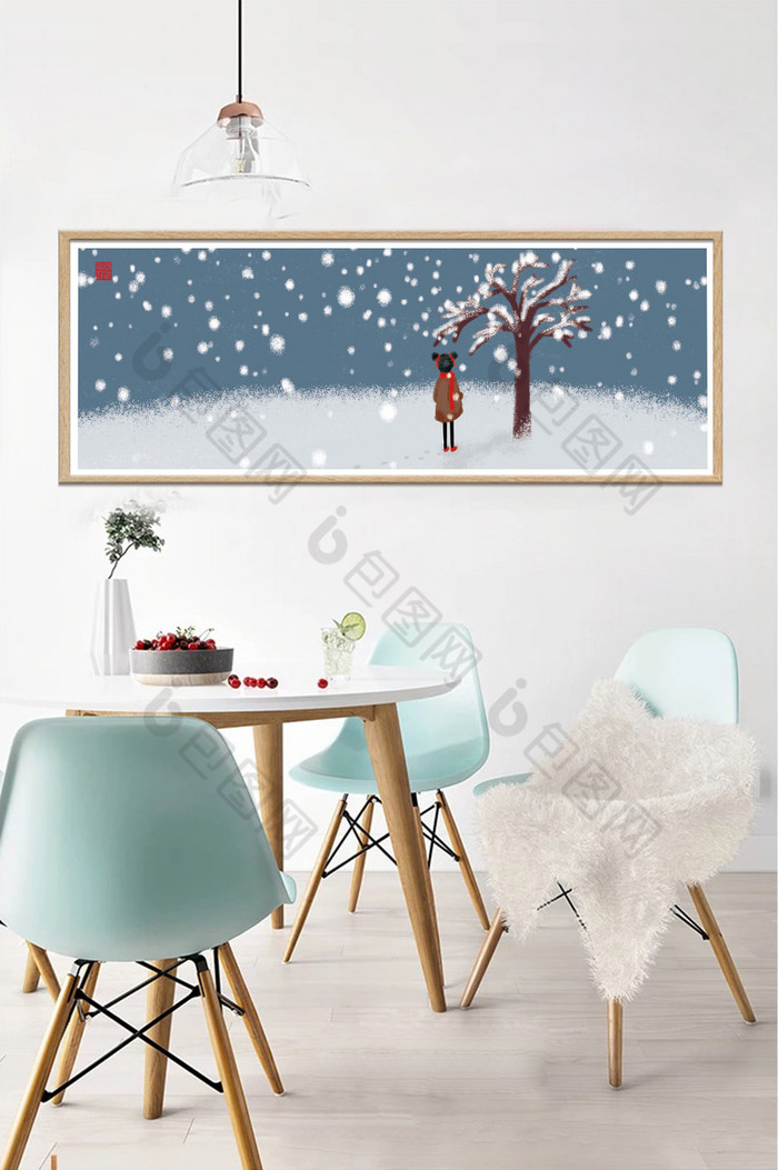手绘冬季女孩下雪风景餐厅卧室装饰画图片图片