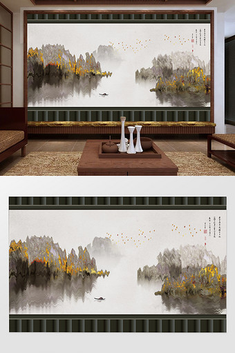 新中式山水工笔背景墙装饰画图片