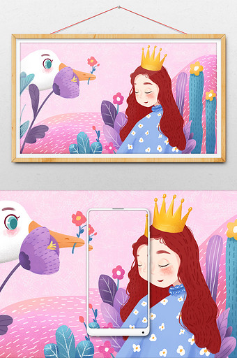 紫色女生戴皇冠女神节手绘插画图片