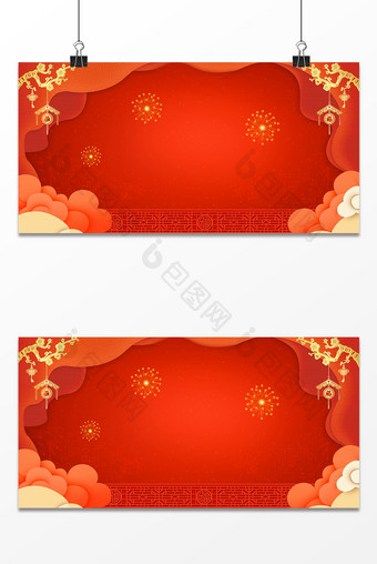 珊瑚橘中国风灯笼祥云烟花新年海报背景图图片