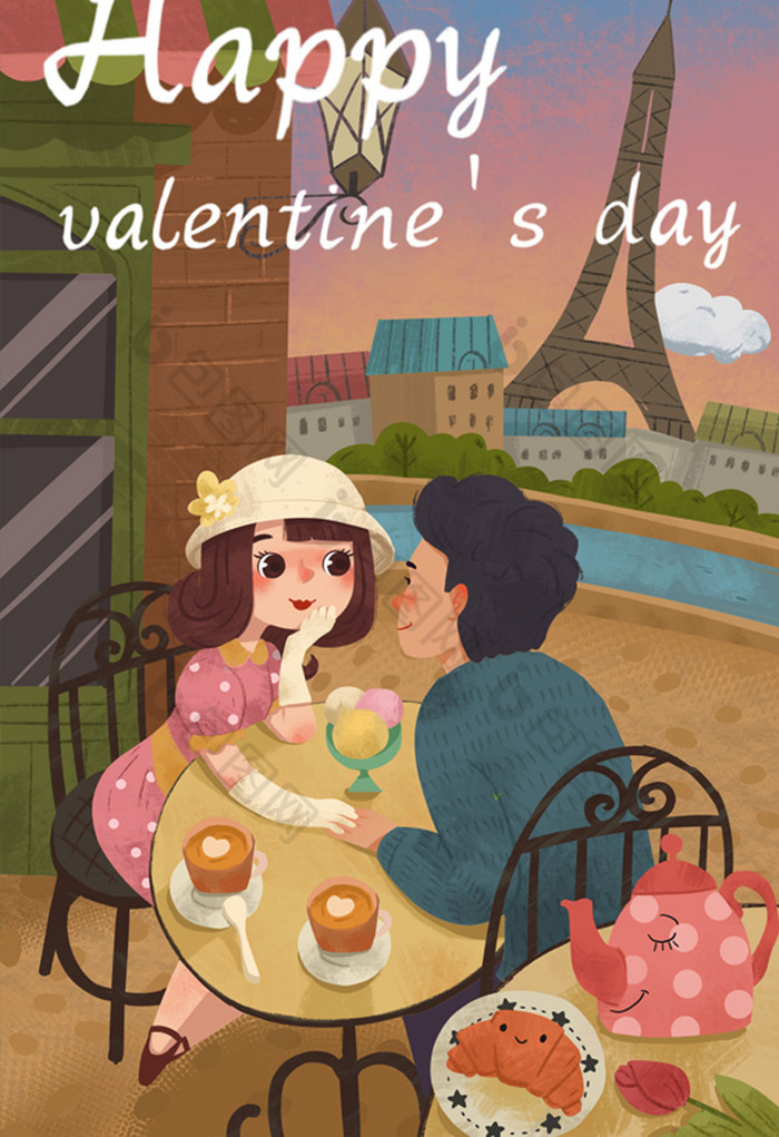 情人节巴黎情侣浪漫度假约会插画图片