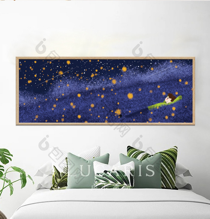 手绘夜晚星空风景儿童房卧室装饰画