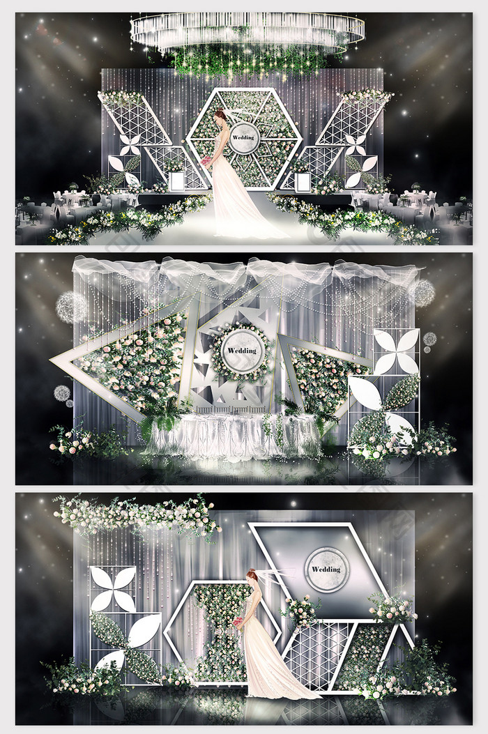 清新高级灰白绿色鲜花铁艺婚礼效果图