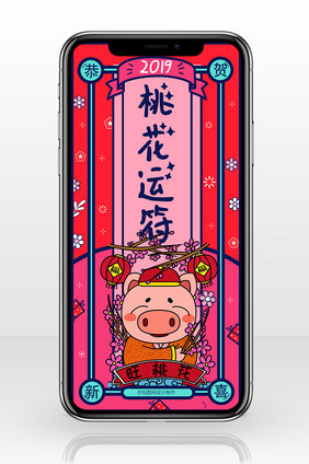 玫红色2019新年风桃花运符手机海报