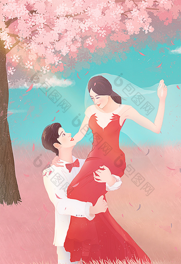 粉色浪漫唯美婚礼结婚插画