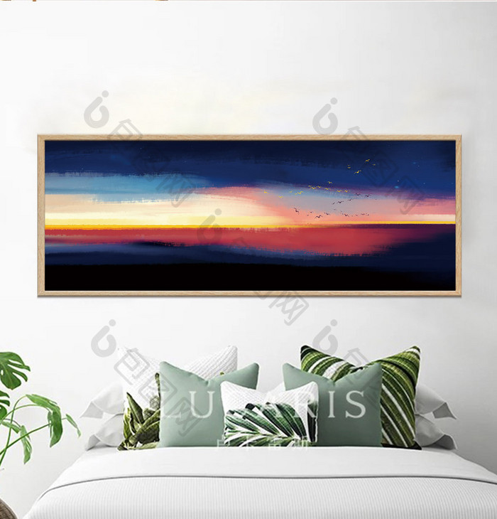 抽象手绘油画风景海面夕阳装饰画