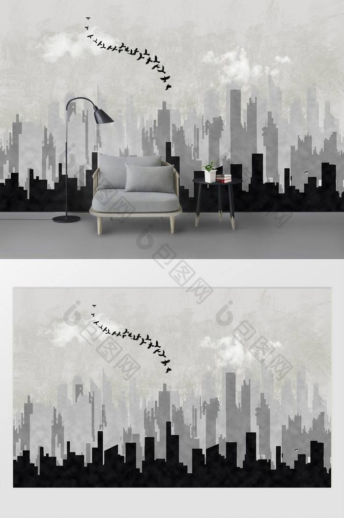 城市黑白剪影背景墙图片图片