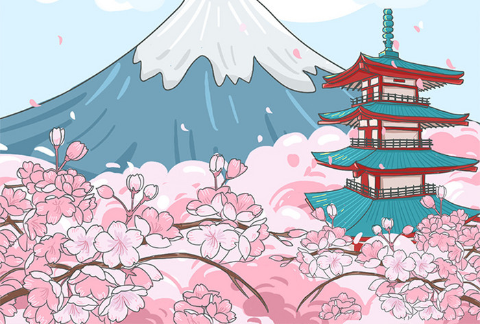 樱花盛开的富士山和天空的插画海报