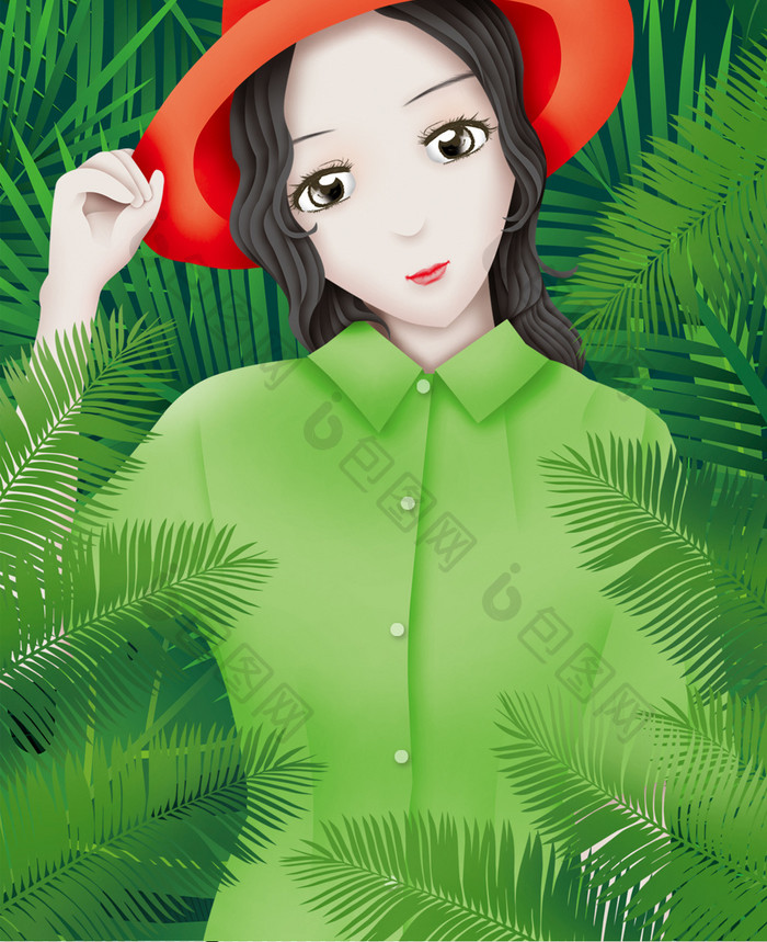 纯绿色小清新自然树叶手绘女生节手机配图