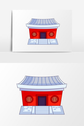 手绘中国风线条古楼小房简约春节除夕元素