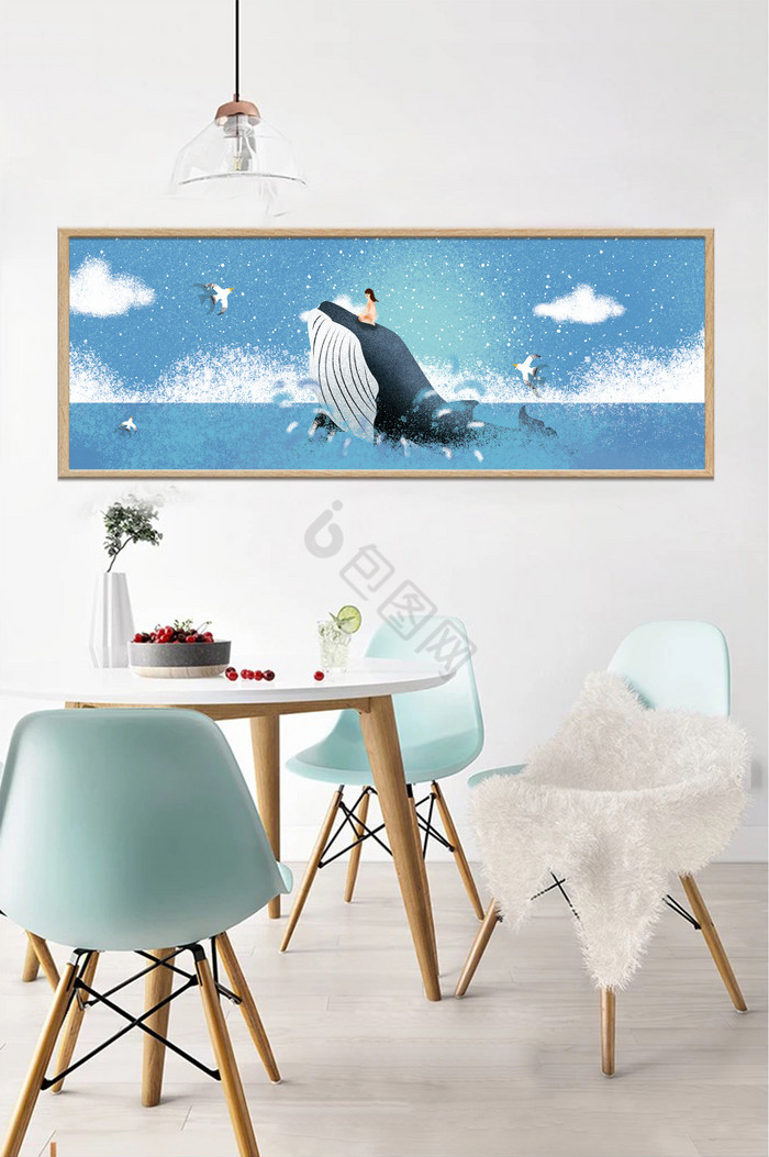 手绘唯美大海鲸鱼风景儿童房卧室装饰画图片
