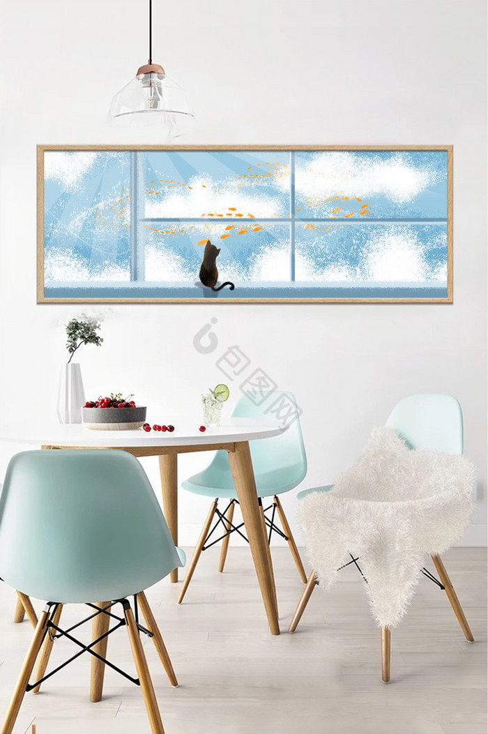 手绘天空猫咪风景儿童房卧室装饰画图片
