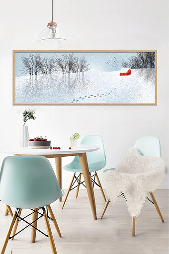 手绘冬季森林房屋风景客厅卧室床头装饰画图片
