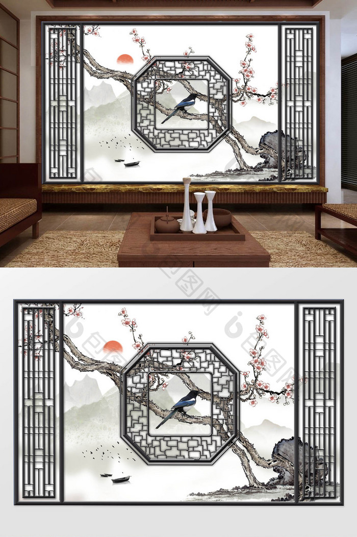 新中式工笔手绘梅花花鸟浮框背景墙