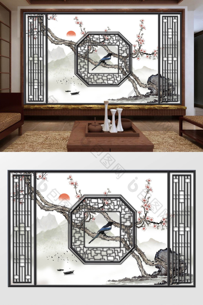 新中式工笔手绘梅花花鸟浮框背景墙效果图-【包图网】