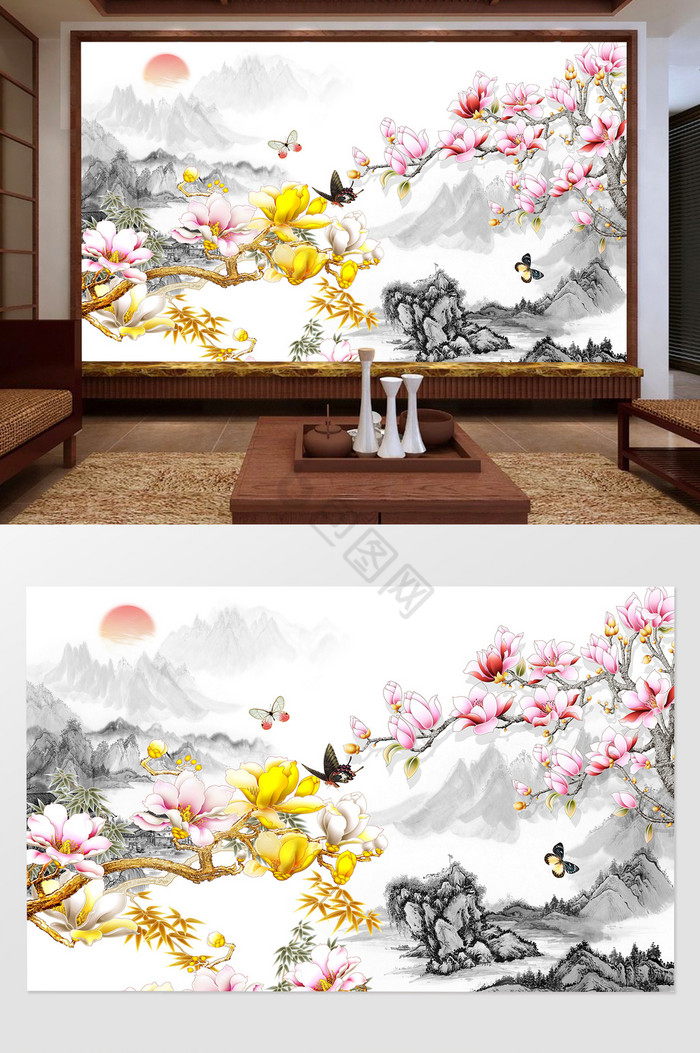 中式水墨日出小山蝴蝶富贵花背景墙图片