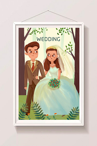 复古风森林情人节结婚婚礼手绘插画背景图片