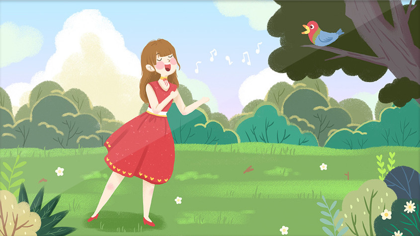 绿色小清新春天女孩唱歌音符插画GIF图图片