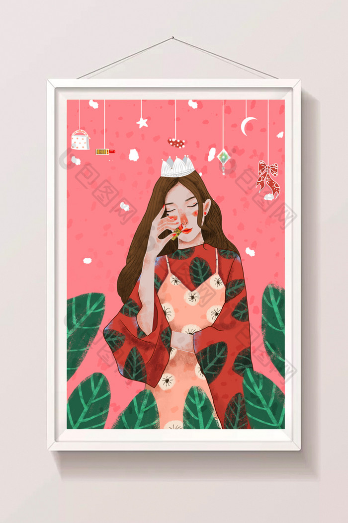 粉色简约清新卡通女神节扁平时尚插画