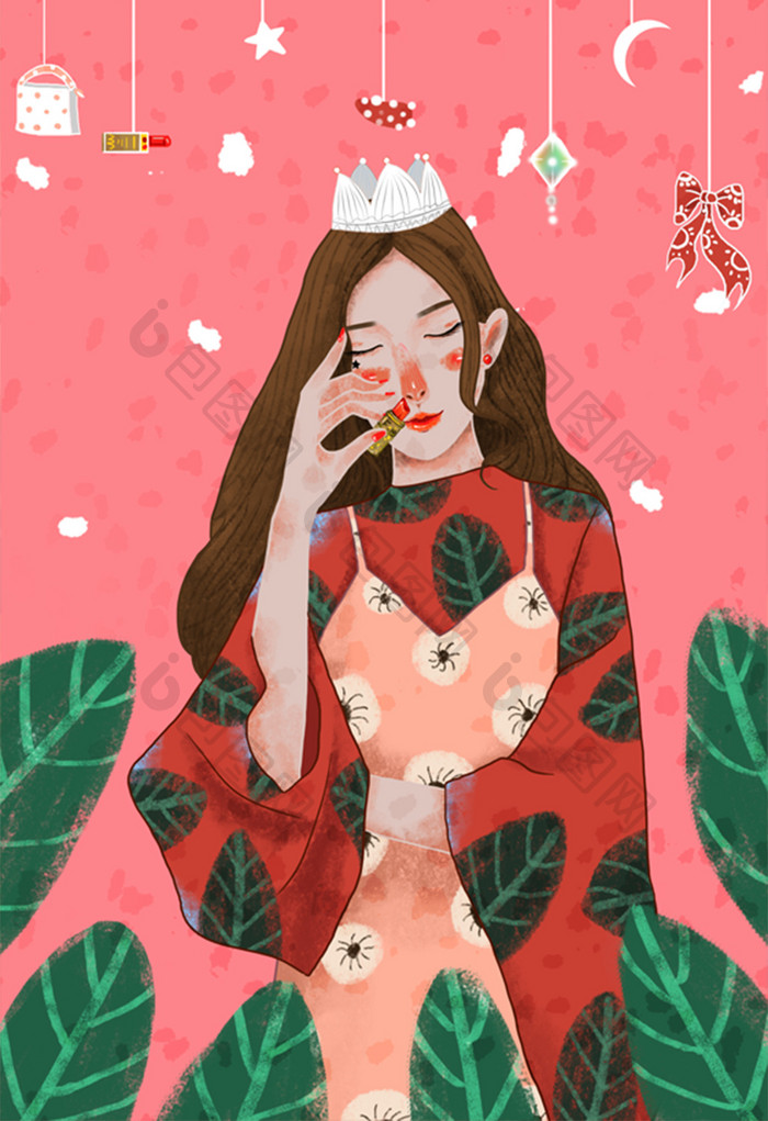 粉色简约清新卡通女神节扁平时尚插画